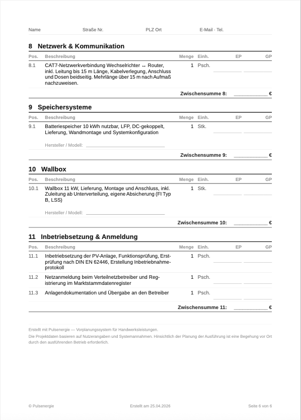 Auszug aus dem Pulsenergie Leistungsverzeichnis
