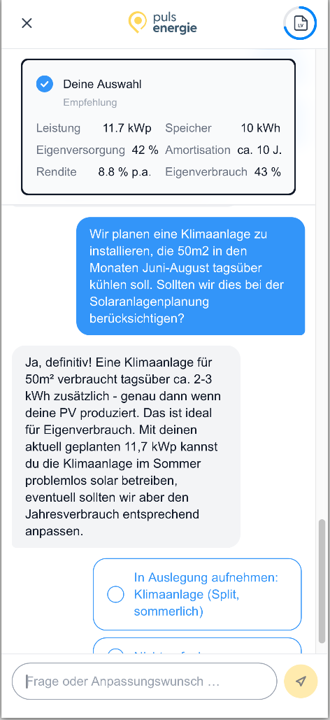 Pulsenergie App-Flow: Chat-Konfigurator mit Empfehlung und Rückfrage zur Klimaanlage